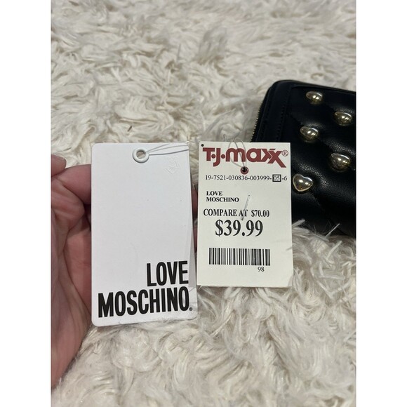 LOVE MOSCHINO Black Vegan Leather Gold Heart Studded Full Zip Wallet Red Inside - Picture 13 of 16